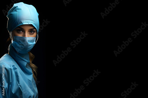High Detailed 3D Render Female Nurse with Face Mask Isolated on Black Background with Copy Space. Generative AI