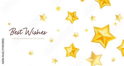 Vector illustration of fly realistic golden color star and text best wishes. 3d style holiday template design with golden star on white background. Festive gift surprise
