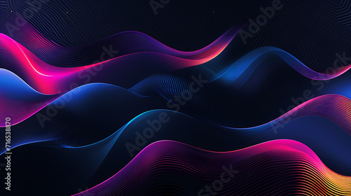 a black background with a few neon colors waves, geometric waves shapes, dark blue, purple, black, mostly black