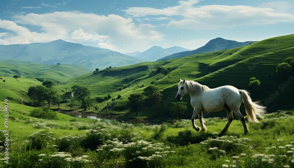 A horse walking through a green field, an endless landscape of a farmland. Concept: horse breeding, ranch. Banner with copy space
A horse walking through a green field, an endless landscape of a farmland. Concept: horse breeding, ranch. Banner with copy space