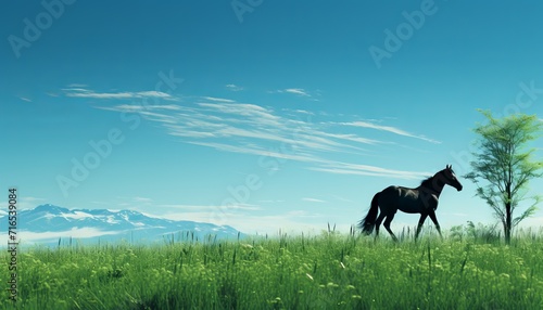 A horse walking through a green field, an endless landscape of a farmland. Concept: horse breeding, ranch. Banner with copy space 