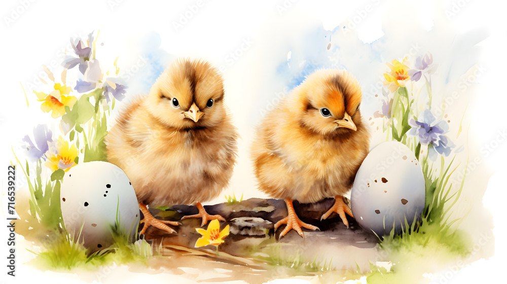 Easter chickens with Easter eggs drawn in watercolor on a light background