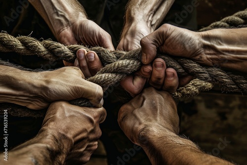 multiple pairs of hands firmly grasping a thick rope photo