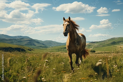 A horse walking through a green field, an endless landscape of a farmland. Concept: horse breeding, ranch. Banner with copy space  © Marynkka_muis