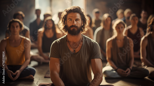 handsome and fit man in comfortable clothes doing a difficult yoga pose, other people around doing yoga photo