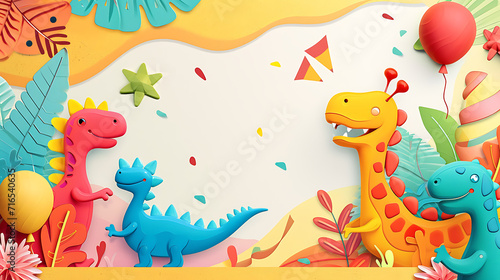 Fototapeta Naklejka Na Ścianę i Meble -  Celebration Galore: Children's Birthday Blank Postcard Layout with Cute balloons, cake and Dinosaurs, Perfect for Handwritten Birthday Wishes. Playful Patterns, Balloons, Confetti, and Party Hats