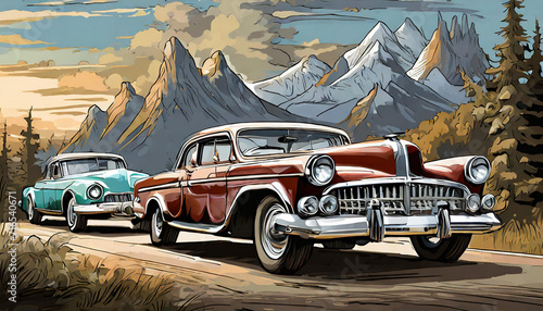 vintage car on the mountain road, art design