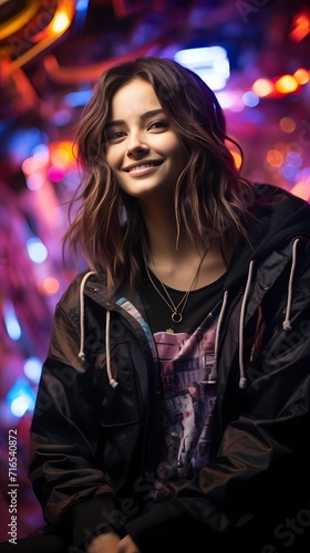 A Chinese girl with a radiant smile, dressed in a black bomber jacket, ripped jeans, and sneakers, poses against a solid purple background with floating neon lights