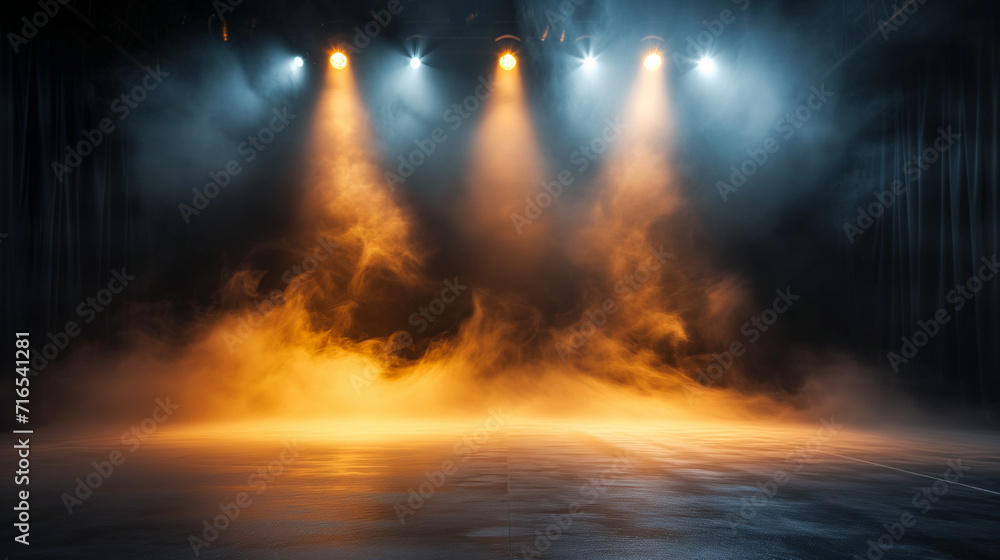burning fire in the forest,  Empty concert stage with illuminated spotlights and smoke. Stage background with copy space. Ai generated image 