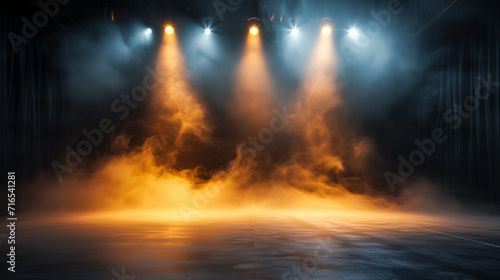 burning fire in the forest, Empty concert stage with illuminated spotlights and smoke. Stage background with copy space. Ai generated image 