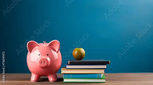 Pink piggy bank with book and a golden apple on top, books and money concept, saving money for education, AI generated