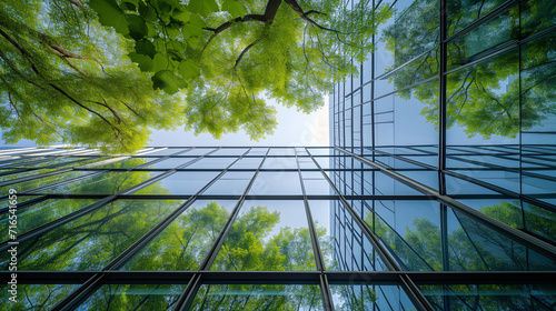 trees in the park, Green office building exterior glass wall with green tree background, low view, Ai generated image 