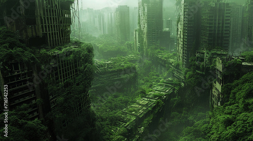 An abandoned urban landscape in a post-apocalyptic world, where the remnants of civilization are engulfed by a wild jungle Skyscrapers are now crumbling ruins, overtaken by dense greenery and v