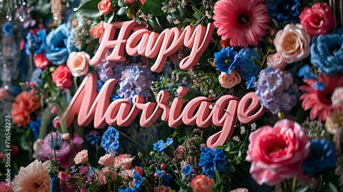 A floral paradise featuring  Happy Marriage  in delicate flower letters  surrounded by lush blooms and greenery. 