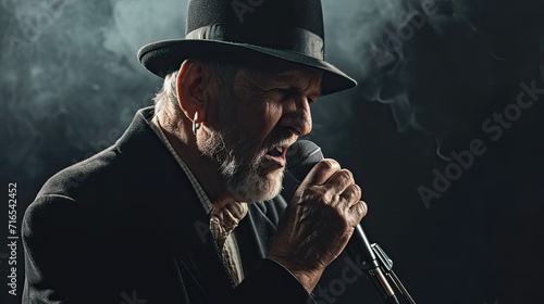 A smoky-voiced singer croons into the microphone, his expressive face telling the story of the blues through every heartfelt lyric. photo