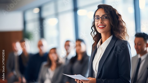 Confident woman addressing colleagues in a corporate setting , Confident woman, addressing colleagues, corporate setting