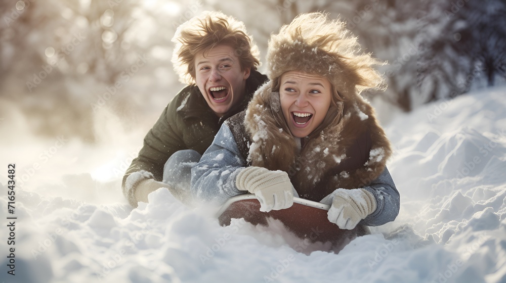 Two friends sledding down a hill with excitement , Two friends, sledding down, hill, excitement