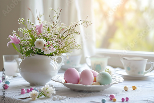 a delicate Easter composition of the Easter breakfast serving of colored eggs on a plate,spring flowers and a tea set, the concept of Easter design and greeting cards