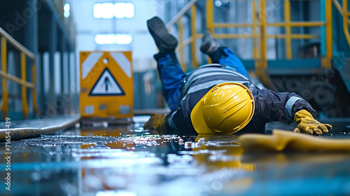A construction worker experiencing a slip-and-fall accident on a wet floor at a construction site, with a caution sign nearby The focus is on the fallen worker and the immediate danger Colors y