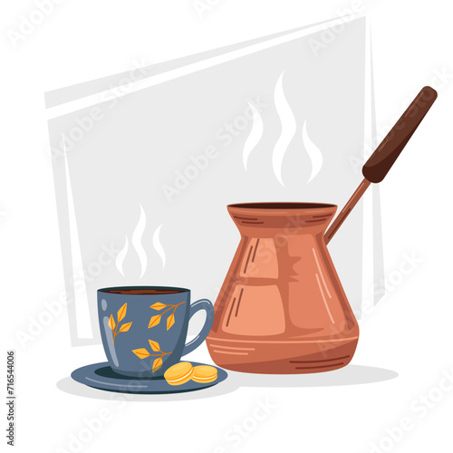 Vector illustration of a copper Turkish coffee maker and a cup with ready-made hot coffee. Illustration of breakfast, food, drinks. Kitchenware. Equipment for preparing aromatic drinks.