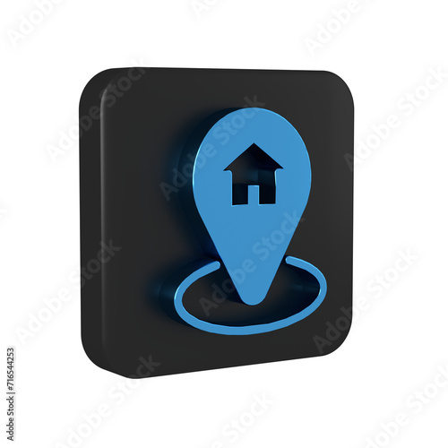 Blue Map pointer with house icon isolated on transparent background. Home location marker symbol. Black square button.