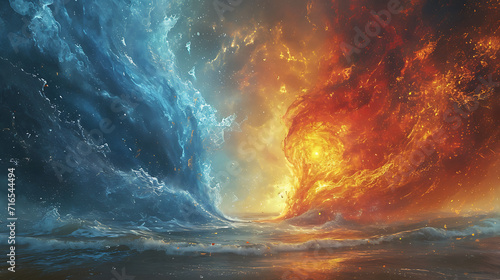 Fire and water - Elemental Clash: Illustrating the Dynamic Encounter of Opposing Elemental Forces, Unleashing Raw Power and Energy