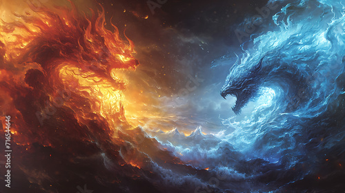 Fire and water - Elemental Clash: Illustrating the Dynamic Encounter of Opposing Elemental Forces, Unleashing Raw Power and Energy