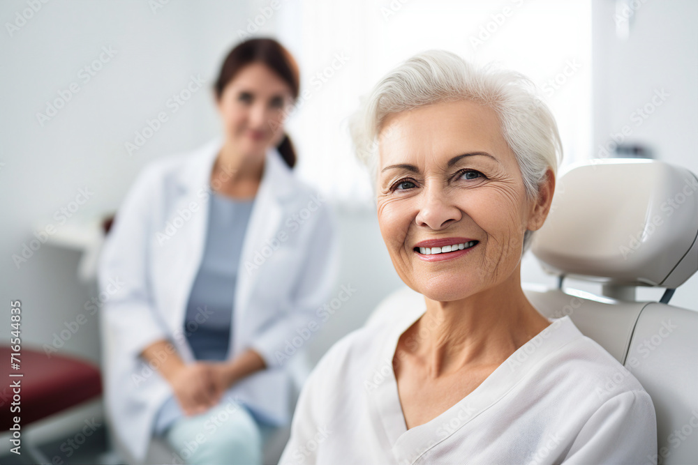 Portrait of a mature lady smiling in the dentists office generative AI image Portrait of a mature lady smiling in the dentists office generative AI image
