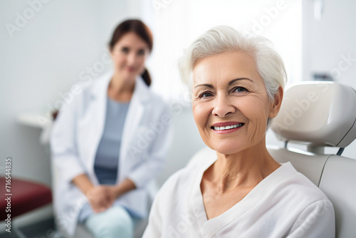 Portrait of a mature lady smiling in the dentists office generative AI image