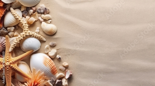Shell and starfish on sand background, tropical and summer vacation concept
