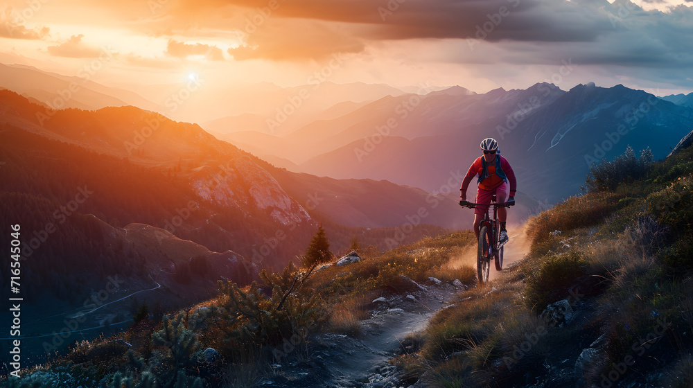 A cyclist powering through a scenic mountain trail at dusk. - obrazy, fototapety, plakaty 