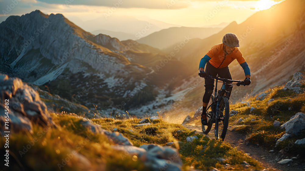 A cyclist powering through a scenic mountain trail at dusk. - obrazy, fototapety, plakaty 