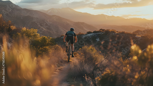 A cyclist powering through a scenic mountain trail at dusk.