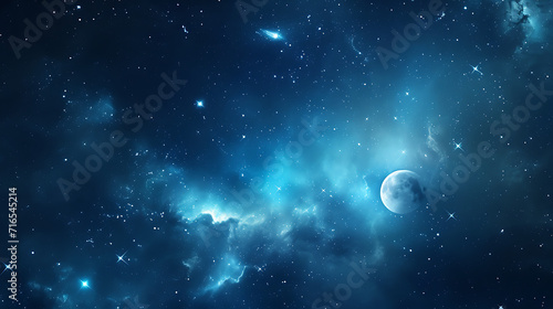 blue night sky with stars and the moon, in the style of infinite space, © LiezDesign