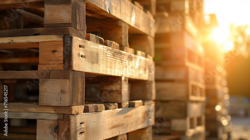 construction of a factory, wooden bridge in the park, Stack of wooden pallet. Industrial wood pallet at factory warehouse, Ai generated image
