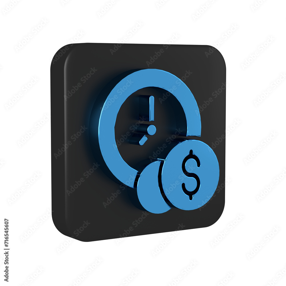 Blue Time is money icon isolated on transparent background. Money is time. Effective time management. Convert time to money. Black square button. Blue Time is money icon isolated on transparent background. Money is time. Effective time management. Convert time to money. Black square button.