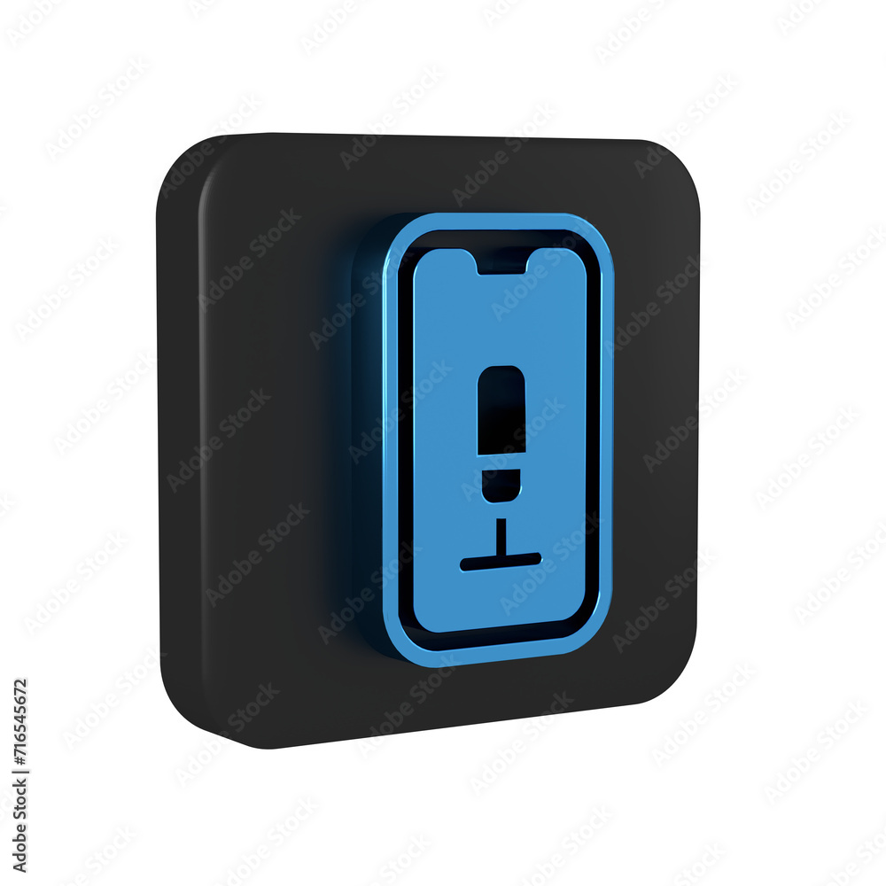Blue Mobile recording icon isolated on transparent background. Mobile phone with microphone. Voice recorder app smartphone interface. Black square button. Blue Mobile recording icon isolated on transparent background. Mobile phone with microphone. Voice recorder app smartphone interface. Black square button.