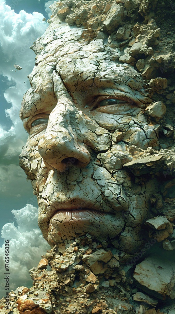 a head made of stone - disillusionment and irrationality, absurdity and nonsense, surreal fantasy world a head made of stone - disillusionment and irrationality, absurdity and nonsense, surreal fantasy world