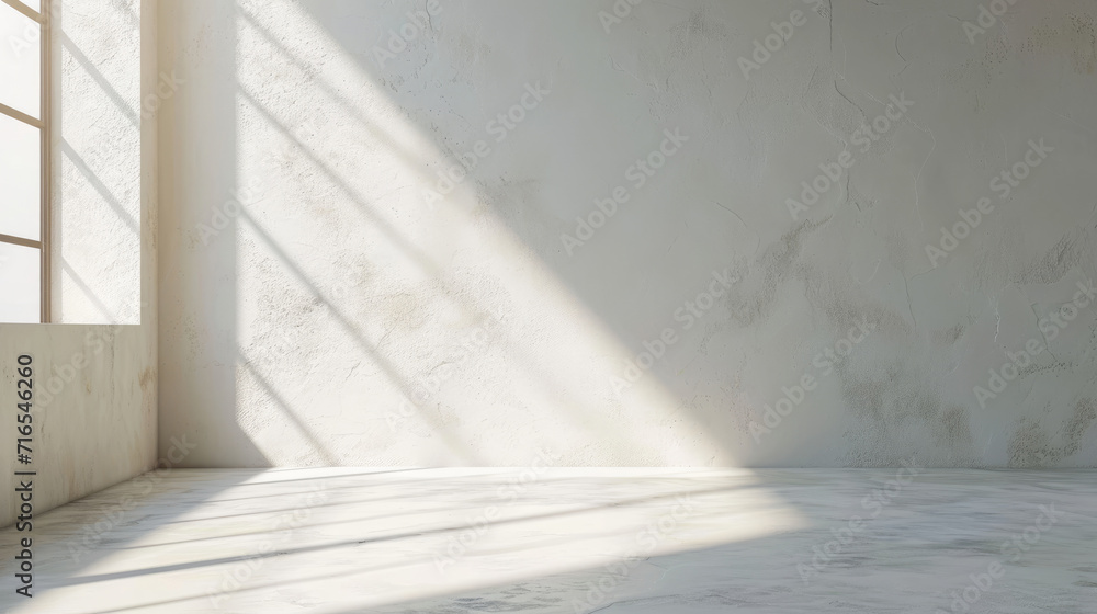 Empty room with minimalist white wall background with sun shadow for product presentation Empty room with minimalist white wall background with sun shadow for product presentation
