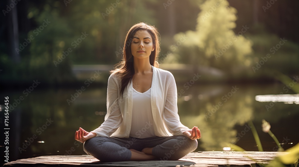 Fototapeta premium Woman in a peaceful meditation pose in stock photography , Woman in meditation pose, peaceful, stock photography