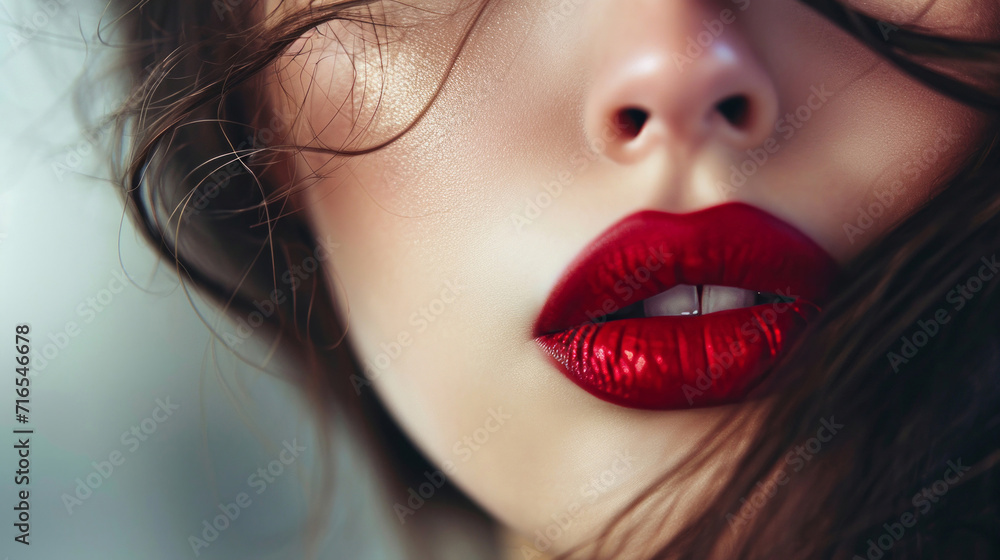 A portrait of a woman with sexy red lips and wavy hair close up. A portrait of a woman with sexy red lips and wavy hair close up.