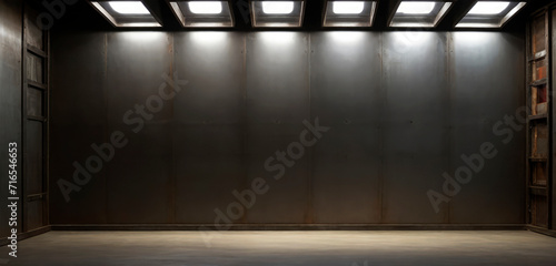 Empty old steel room studio and empty steel stand for products show with lighting or sunlight in the background. Generative ai