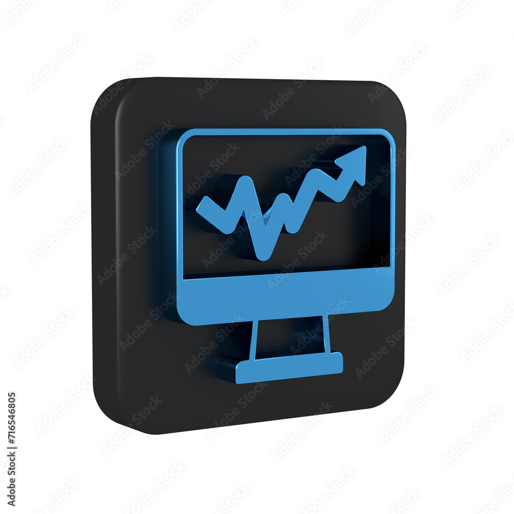 Blue Computer monitor with graph chart icon isolated on transparent background. Report text file icon. Accounting sign. Audit, analysis, planning. Black square button. Blue Computer monitor with graph chart icon isolated on transparent background. Report text file icon. Accounting sign. Audit, analysis, planning. Black square button.
