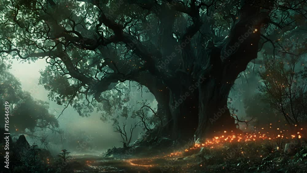 In the clearing stood a massive oak tree, its trunk covered in pulsing, glowing runes that seemed to pulse with a malicious energy. A low growl could be heard emanating from Fantasy animatio