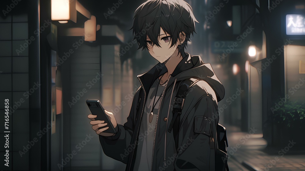 short black hair, a 20s man, wearing a black jacket, standing in the street, impassive expression, holding a mobile phone in his hand. japanese manga anime style illustration. generative AI - obrazy, fototapety, plakaty 