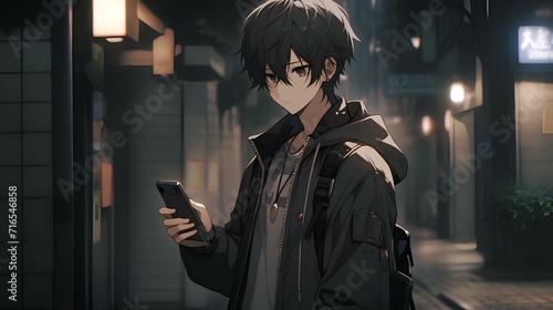 short black hair, a 20s man, wearing a black jacket, standing in the street, impassive expression, holding a mobile phone in his hand. japanese manga anime style illustration. generative AI