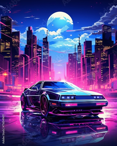 Cyberpunk cityscape with neon lights and flying cars in retro wave style