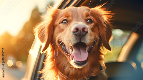  Happy dog looking out of car window. Cute labradaror retriever enjoying road trip at sunny summer day. © Рика Тс