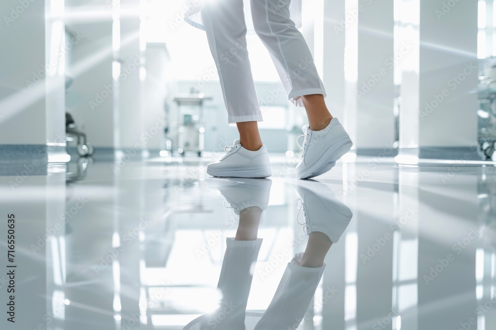 Close up legs of a woman doctor with nurse shoes walking on a reflection floor in a modern hospital. Hospital concept of medical and treatment. - obrazy, fototapety, plakaty 