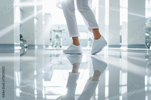 Close up legs of a woman doctor with nurse shoes walking on a reflection floor in a modern hospital. Hospital concept of medical and treatment.